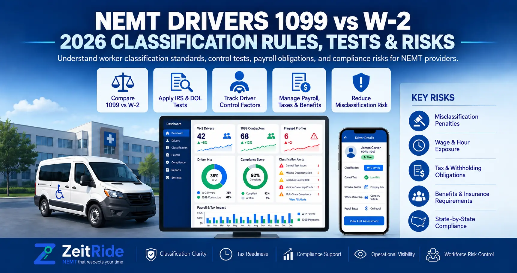 NEMT Drivers 1099 vs W-2: 2026 Classification Rules, Tests & Risks