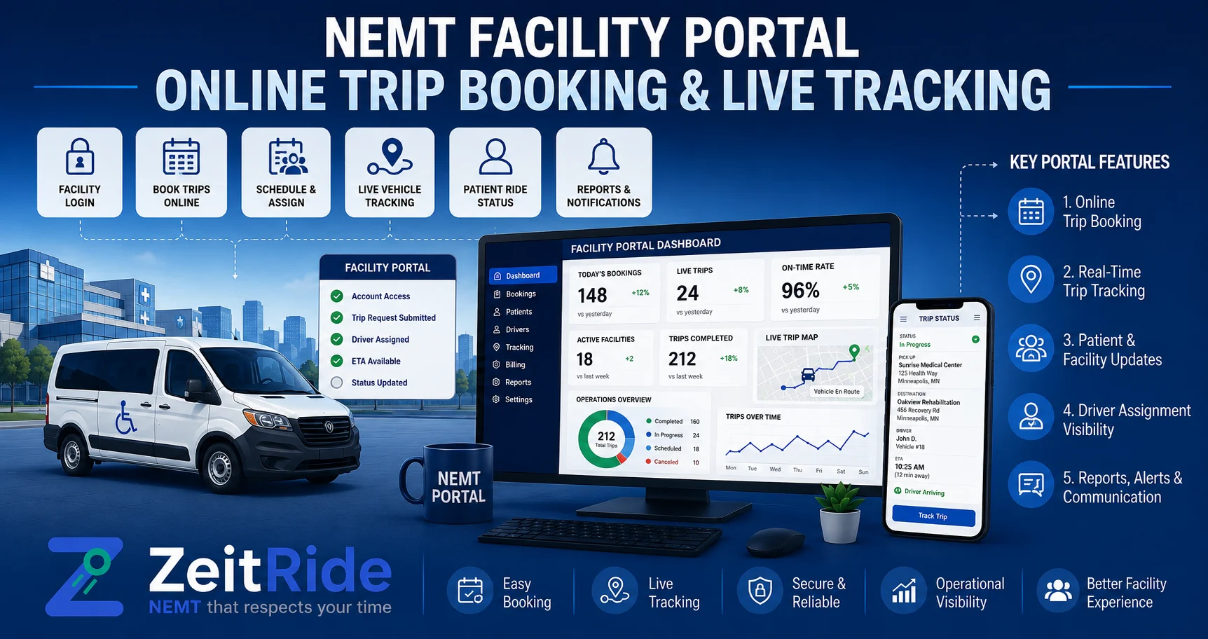 NEMT Facility Portal: Online Trip Booking & Live Tracking