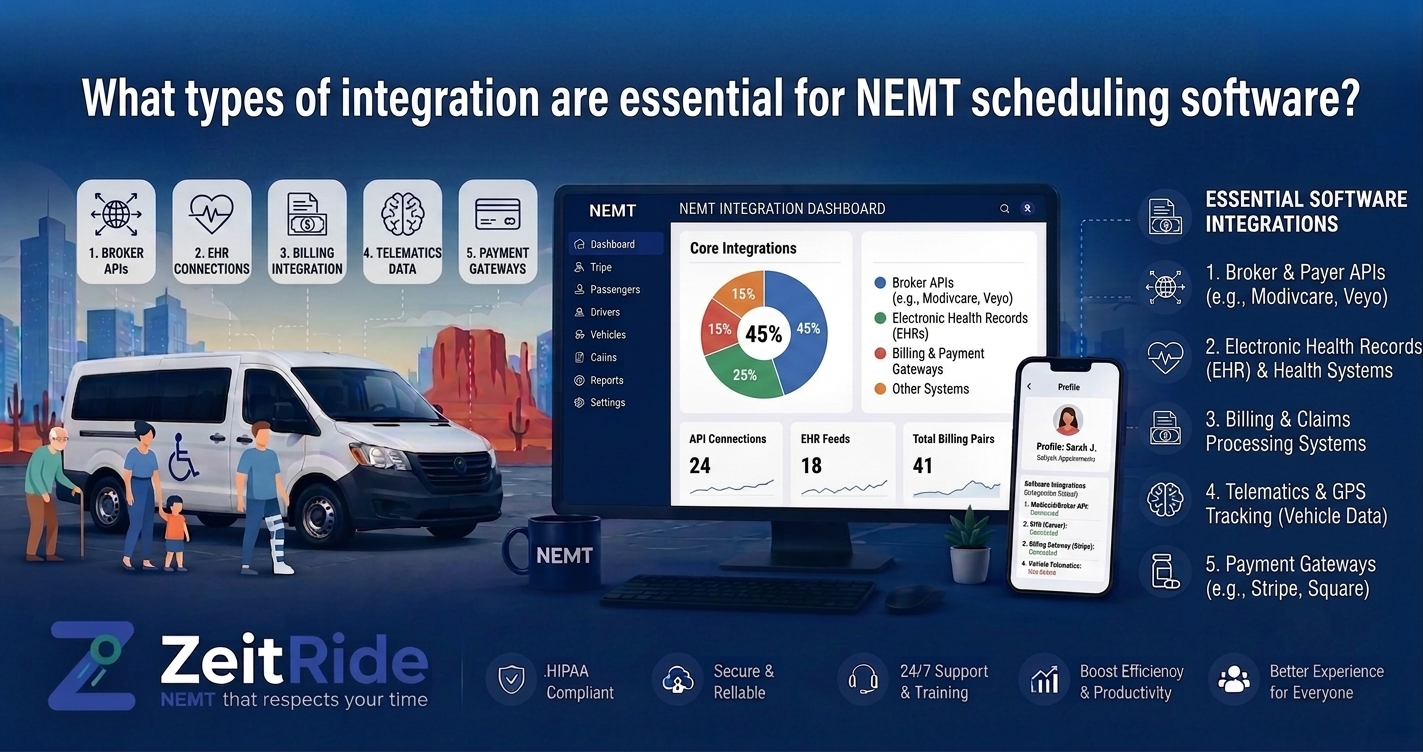 What types of integration are essential for NEMT scheduling software?